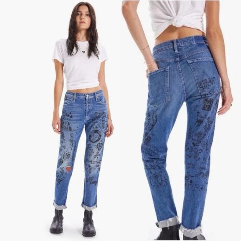 MOTHER The Scrapper Cuff Ankle Fray Jean Never Enough Graffiti Size 25